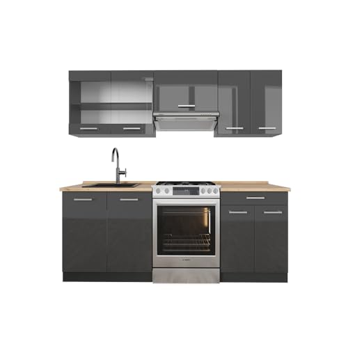 Vicco Küchenzeile R-Line, Anthrazit Hochglanz/Anthrazit, 200 cm...