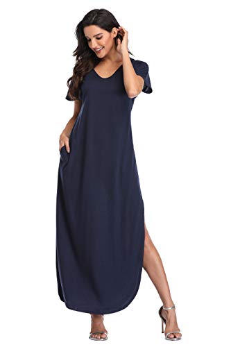 Women s Maxi Dresses Short Sleeve Summer Beach Dress Casual Loose V Neck Side Split Long Dress with Pockets, Navy Blue 2XL 3XL