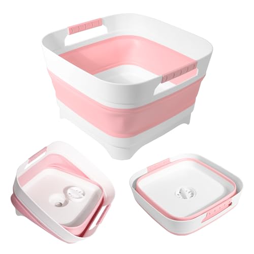 2.4Gal(9L) Collapsible Wash basin With Drain Plug, Suitable For Kitchen Sinks/Outdoor Camping/RV Use, Space-Saving, Highly Portable Washbasin Ideal For Travel(Pink)