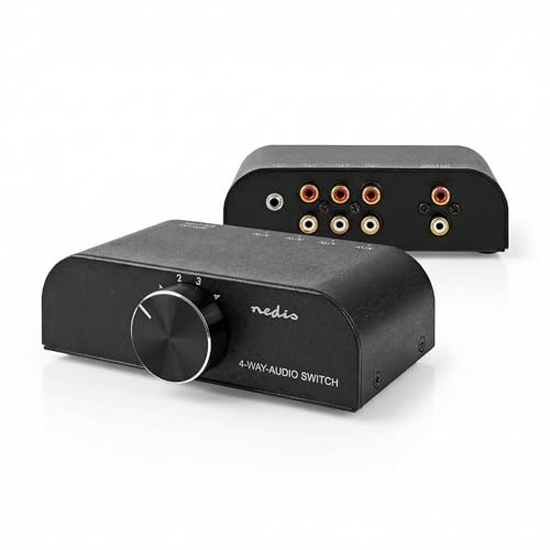 Nedis Audio Switch - Audio Umschalter - 4 Quellen - 3X Cinch und 1x 3,5 mm Klinke Eingang - RCA Switch - Plug and Play - Aluminium