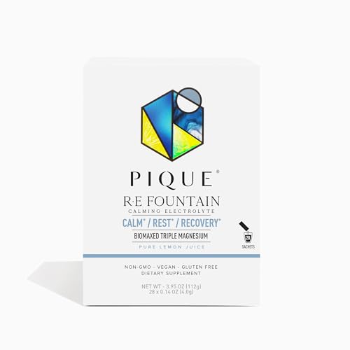 PIQUE RE Fountain Calming Electrolyte Powder - Hydration Powder Packets with Triple Biomaxed Magnesium for Rest Recovery and Cognitive Support - No Added Sugar - 28 Single Serve Sticks (Pack of 1)