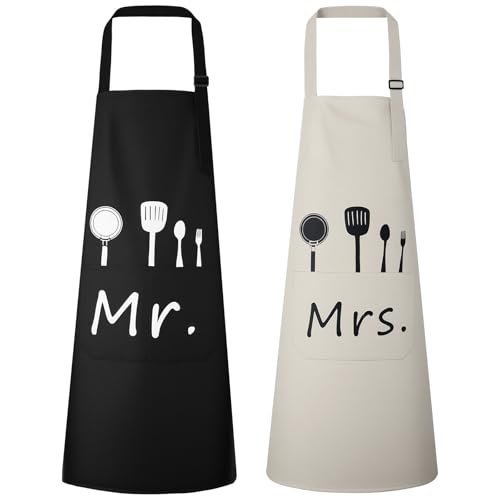Vicloon 2 Pcs Mr & Mrs Couple Aprons Set Adjustable Bib Apron with 2 Pockets Waterdrop Resistant Cooking Kitchen Apron Personalised Unisex Kitchen Apron for Home Kitchen Restaurant Coffee House