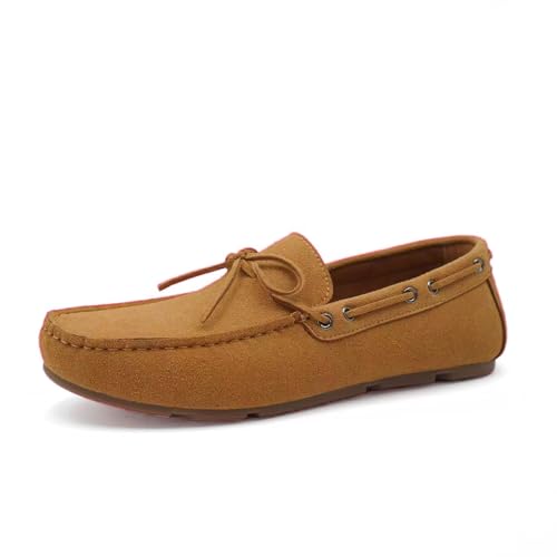 Men's Classic Suede Driving Moccasins, Tan Brown, Slip-on Boat Shoes with Bow Tie, Casual Loafers