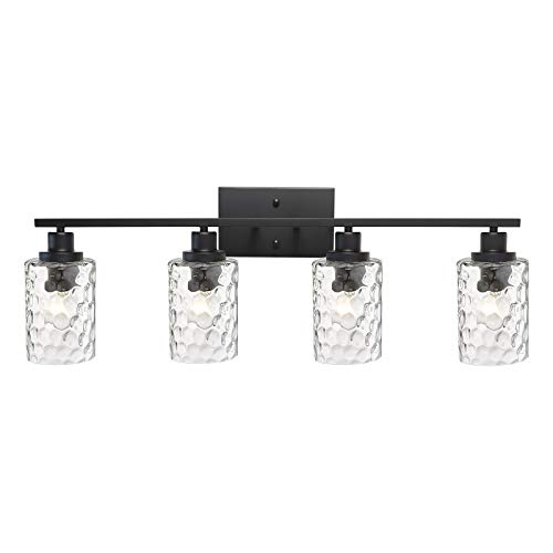 MELUCEE Wall Light Fixture, 4-Light Black Bathroom Vanity Light Over Mirror with Clear Hammered Glass, Modern Wall Sconces Lamp for Powder Room Bedroom Kitchen Porch