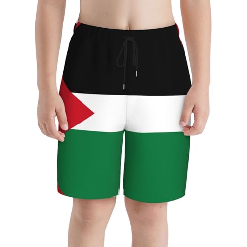 Flag of The State of Palestine Small Youth Beach Pants, Soft and Breathable, with Drawstring Waist, Suitable for Sports and Leisure. Black3