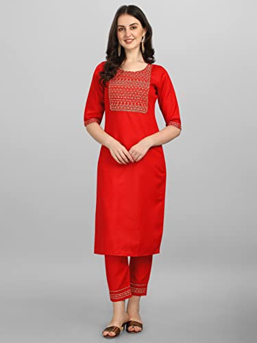 Image of VredeVogel Women Cotton Slub Straight Kurta Set With Pant and Net Embroidery Dupatta