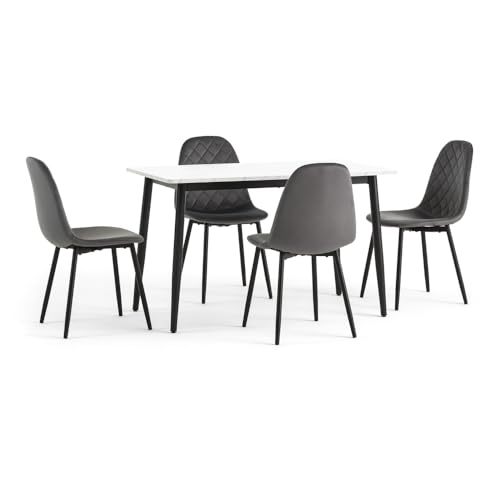 Set tavolo da pranzo e 4 sedie da sala da pranzo imbottite in velluto trapuntato, Tavolo da cucina rettangolare 120x70cm con top effetto marmo e gambe in metallo - Vasco e Laura (Grigio Scuro)