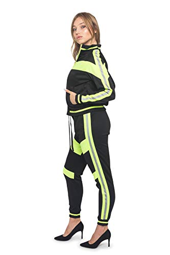 Victorious Women's Colorblock Reflective Stripe 2 Piece Tracksuit Set - Long Sleeve Sweatshirts And Sweat Pants Vl213 - Neon Yellow - Small - Ee2H #TOP3