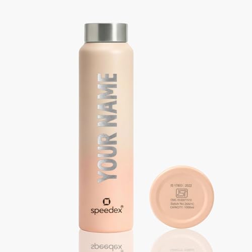 Image of Speedex Customised Engraved Name Stainless Steel Water Bottle 1 Ltr - Personalised Screw Cap Bottle for Kids, Men & Women, School, Office, Gym, Peach Orange, Set of 1