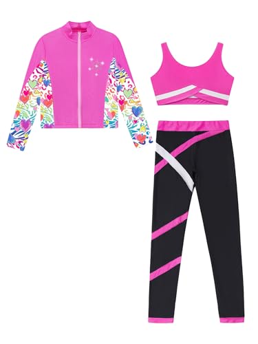 YiZYiF Kids Girls Figure Ice Skating Gym Training Suit Contrast Color Jacket Crop Top Sport Bra with Skating Pants Set3
