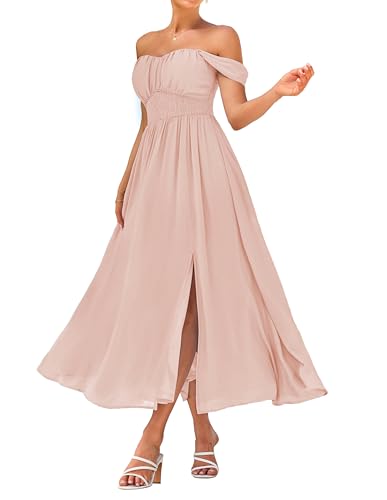 GRACE KARIN 2025 Women's Summer Sleeveless Off Shoulder Solid Flowy A Line Maxi Dresses Pink Apricot L