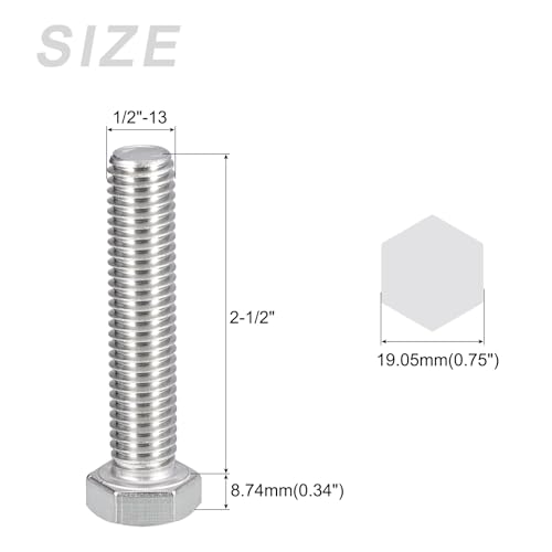 Image of METALLIXITY Hex Head Bolts (1 /2-13 x 2-1 /2 inch) 5Pcs, 304 Stainless Steel 18-8, Fully Threaded, External Hex Drive, Plain Finish, Hex Head Screw Bolt, Silver