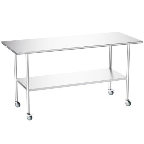 Image of Atelicf NSF Stainless Steel Prep Table 30X72 inch, Flat Top & Casters | Mobile commercial-grade table for restaurants, kitchens, food trucks, breweries, bars, garages, and BBQ
