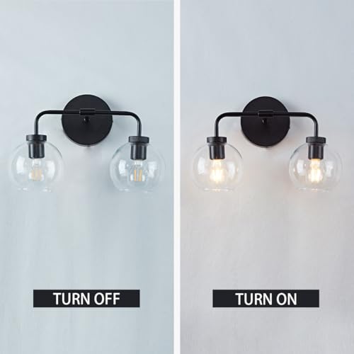 Image of Modern Matte Black Double Glass Globe Wall Sconce, 17 X 7 Inch Vanity Light Over Mirror, Bathroom Light Fixture with Matte Black Metal Canopy