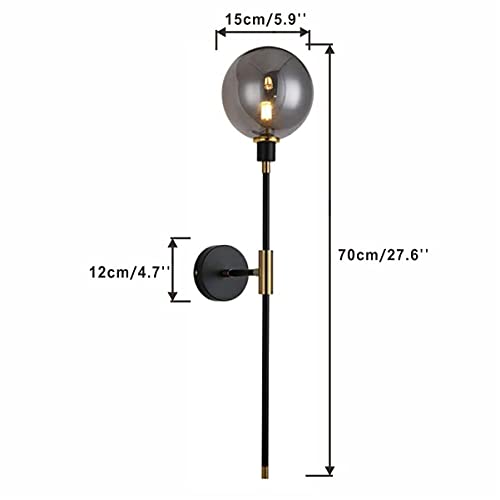 Image of KCO Lighting Modern Glass Globe Wall Sconce Light Set of Two Brass and Black Large Light Contemporary Smoke Glass Hallway Long Sconce Wall Light Set of 2