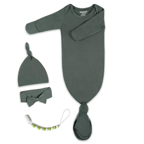 Image of Newborn Baby Knotted Gown, Super Soft Silky Infant Long Sleeve Sleeper for Baby Girl and Boy Sleeping Bag with Mittens and Hat & Bowknot Set (Extra Long)