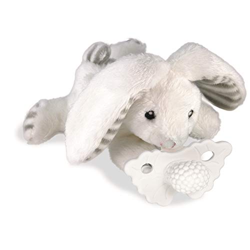 Image of RaZbaby Bunny RaZbuddy w/RaZberry Teething Relief Pacifier – Soothes Sore Gums w/Nature-Inspired Texture, 100% BPA-Free Silicone Teether, Detachable Stuffed Animal – 3 Months+ Teether, Coconut