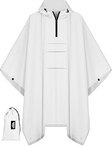 Bruvoalon Multi-functional Waterproof Rain Poncho with 1/4 Zip & Chest Pocket, 3-in-1 Outdoor Rain Poncho, Sunshade, & Ground Mat for Adults Emergency Outdoor, White