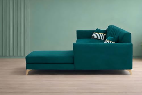 Image of Adorn India Premium Luster 8 Seater L Shape Sofa Set with 2 Puffy & 1 Center Table | Velvet Suede Fabric | 3-Year Warranty | RHS | Ocean Blue with Golden Legs & Striped Pattern Cushion