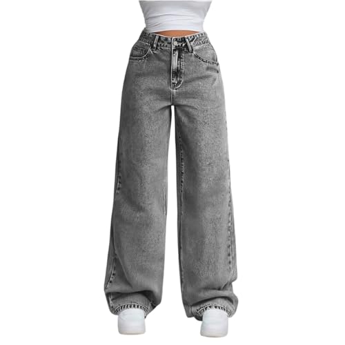 Generisch Jeanshose Damen Wide Leg Hose Baggy Jeans Straight Jeanshosen High Waist Palazzo Hose Weites Bein Stoffhose Hosenanzug Elegant Freizeithosen mit Taschen Light Gray S