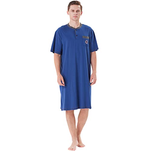 Keyocean Men Nightshirt, 100% Cotton Soft Comfy Short Sleeves Henley Neck Sleeping Loungewear