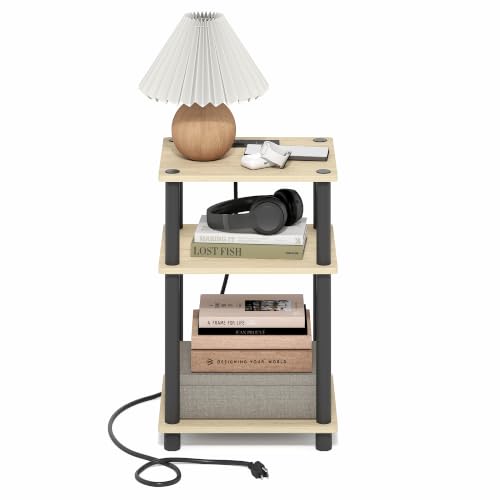 Image of Furinno Just 3-Tier Night Stand with Charging Station, Natural Oak | USB and Type-C Charging Port, Open Shelf Bedside Table, Side Table, End Table, for Living Room, Bedroom