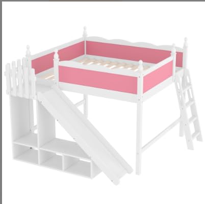 Image of Queen Size Loft Bed with Storage Shelves, Cabinet & Detachable Slide and Ladders, Solid Wood Kids Loft Bed for Space-Saving, Playful & Organized Bedroom (Light White+Pink1, Queen)