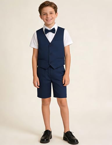 Image of A&J DESIGN Boys Short Suit Set 3 Pieces Kids Formal Gentleman Outfit, 4-11 Years, Shirt + Vest + Shorts + Bow Tie