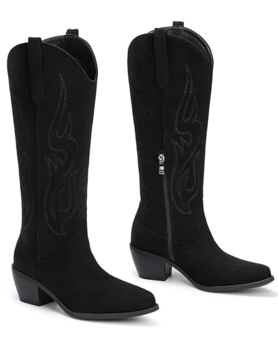 Image of Pasuot Western Cowboy Boots for Women - Knee High Wide Calf Cowgirl Boots, Slip On Pointed Toe Chunky Heel Fashion Retro Classic Pull On Tall Boot for ladies Party concert
