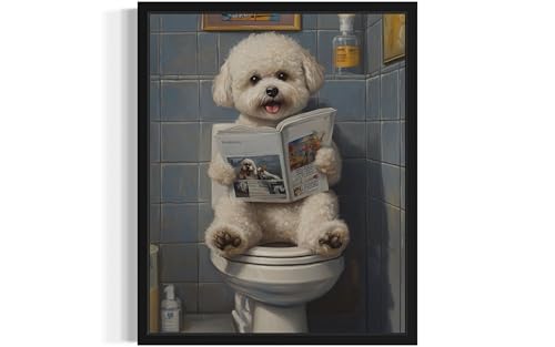 Image of Bichon Frise on Toilet Black Framed Wall Art Print Poster, Dog Bathroom Humor Decor Posters Prints for Restroom Home Picture Painting Artwork Gallery 7 (Bichon Frise, 18 x 24 inches, Black Frame)