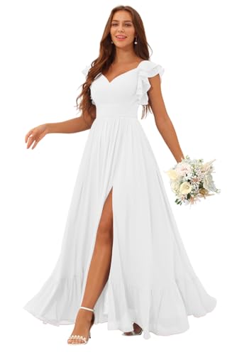 Image of Clothfun Ruffle Sleeve Elegant Bridesmaid Dresses Long Chiffon Formal Dress CYN007
