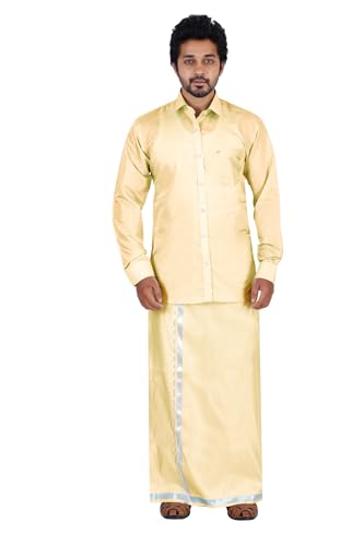 Image of PRAKASAM COTTON-Mens Art Silk Wedding Set /Art Silk 8 Mulam (8-Yard) Dhoti and Stitched Shirt for mens