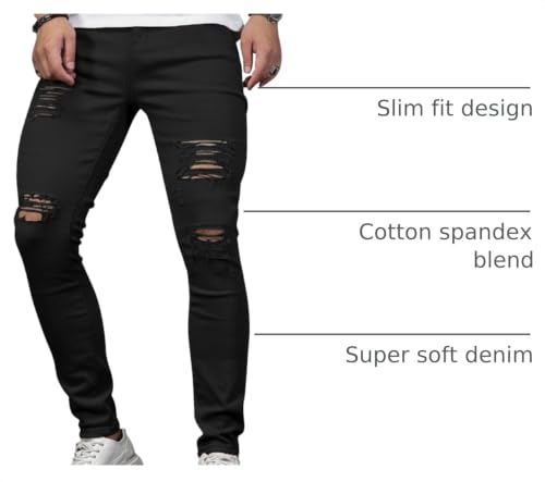 Image of HUNGSON Men's Blue Slim Fit Jeans Stretch Destroyed Ripped Skinny Jeans Side Striped Denim Pants