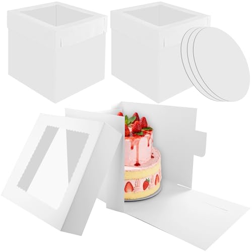 Otauoaea 3 Piezas Cajas para Tartas 30,5 x 30,5 x 30,5cm, Caja Tarta de Cartón Con Ventana y Bandeja, Recipiente para Tartas, Cajas para Pasteles de Carton Cuadrada Cake Box   12 x 12 x 12 Inch