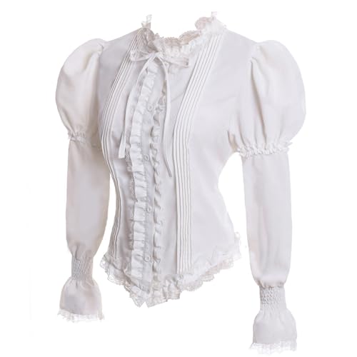 Victorian Blouse for Women Vintage Lace Ruffle Neck Puff Long Sleeve Shirt Tops2