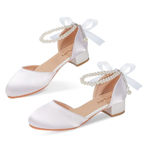 Girls Dress Shoes High Heels Sandals Decorative Pearls Ankle Strap Flower Girl Little Big Kid Mary Jane Wedding Party Communion Pump Shoes