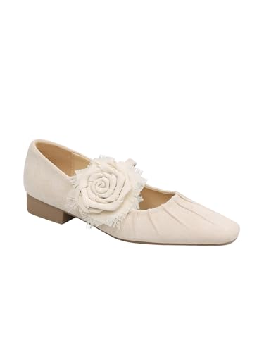 Mary Jane Shoes for Women Closed Almond Toe Flats Low Heel Flower Strap Flats Casual Comfortable Shoes