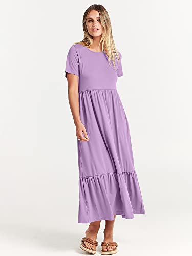 Image of ANRABESS Womens 2026 Summer Casual Maxi Dress A line Tiered Flowy Short Sleeve Crewneck T Shirt Beach Travel Long Dresses