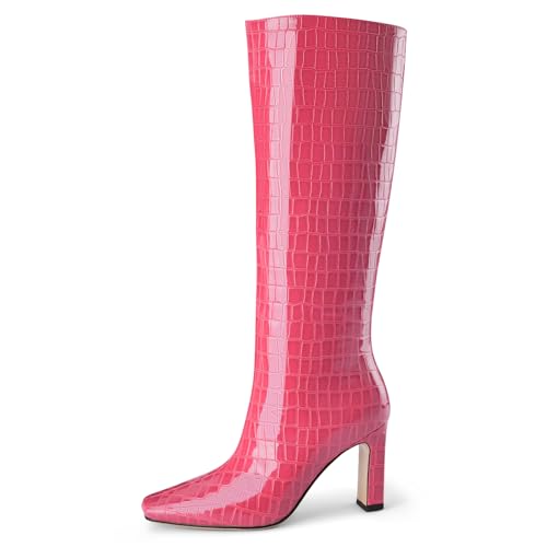 Knee High Boots Women Black Long Boots Slip on Tall Boots Chunky High Heel Square Toe Crocodile Pattern Leather Boots with Side Zipper for Ladies Sexy4