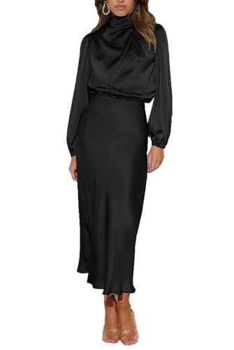 Damen-Maxikleid mit Stehkragen, Satin, Lange Ärmel, formelle Party, Cocktail, Hochzeit, Gästekleid, Schwarz, Groß