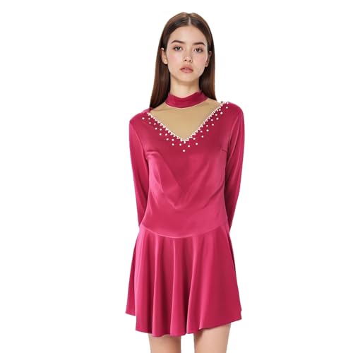 LIUHUO Ice Figure Skating Dress Girls' Elegant Rose Handmade Crystal Long Sleeves Competition Performance