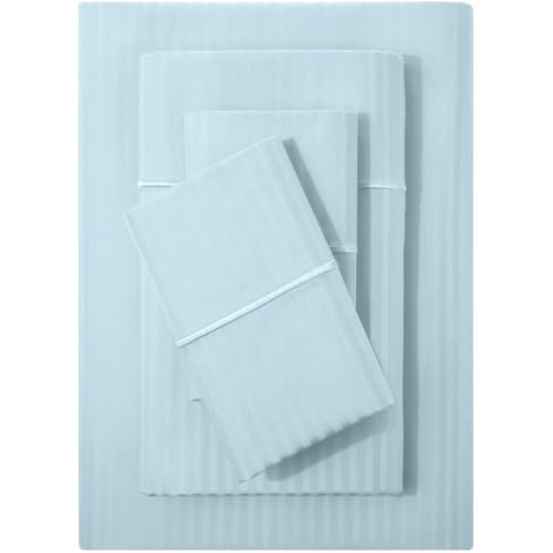 Image of Feather & Stitch 500 TC Split King Size Sheet Set, 5 piece Bed Sheets Set-2 Twin Fitted Sheet, 1 King Flat Sheet & 2 King Pillowcases, 18 inch Deep Pockets Sateen Weave Striped Bedsheet - (Aqua Stripe)