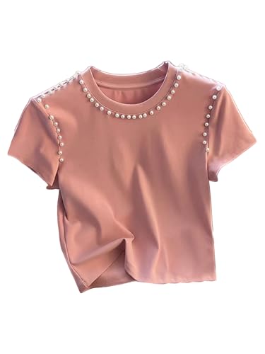 Image of RoseSeek Women's Bow Print Short Sleeve Round Neck Oversized Tops Basic Loose Fit Drop Shoulder Tees for Summer