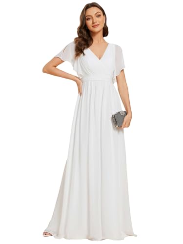 Ever-Pretty Elegantes Partykleid Kurzärmlig V-Ausschnitt Abendkleid Für Abschlussball Cocktail Weiß 46