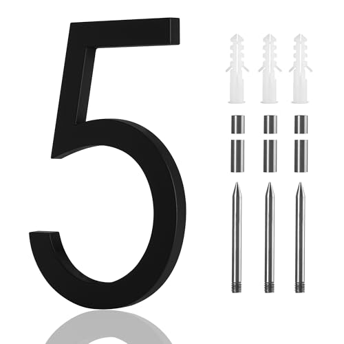 9 Inch Modern House Numbers For Outside Metal,Large Address Numbers For House Matte Black Floating Flush Mount Vertical Horizontal Zinc Alloy Address Numbers 5