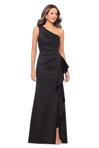 Xscape Women's One-Shoulder Gown with Cascading Ruffle Detail and Ruched Waist, Black, 12P