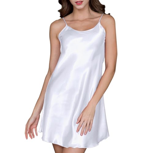 Generisch Vestido sexy para mujer, largo, pijama sin mangas, camisón de satén con tirantes delgados, cómodo vestido de noche, elegante, ropa de dormir de gran tamaño, longitud hasta la rodilla