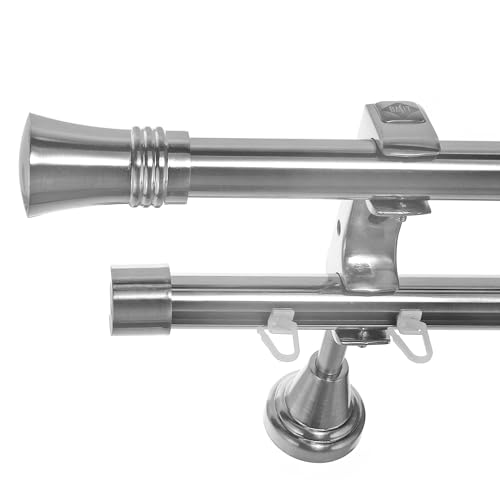 BASIT Rohr + Innenlauf Gardinenstange Wandmontage 2 läufig 160cm lang Edelstahl Look Metall Gardinenstange 2 läufig Wandbefestigung Ø20mm I H60 RI