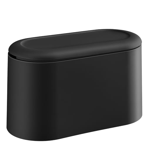 Image of SUBEKYU 0.5 Gal Mini Countertop Trash Can with Lid for Desktop, Small Garbage Can for Office, Tiny Wastebasket, Plastic,Black