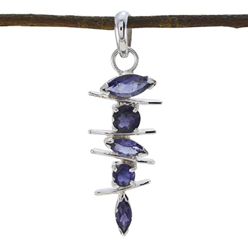Pendentif en argent iolite bleu 925 grand modèle ajustable style rétro pour femme